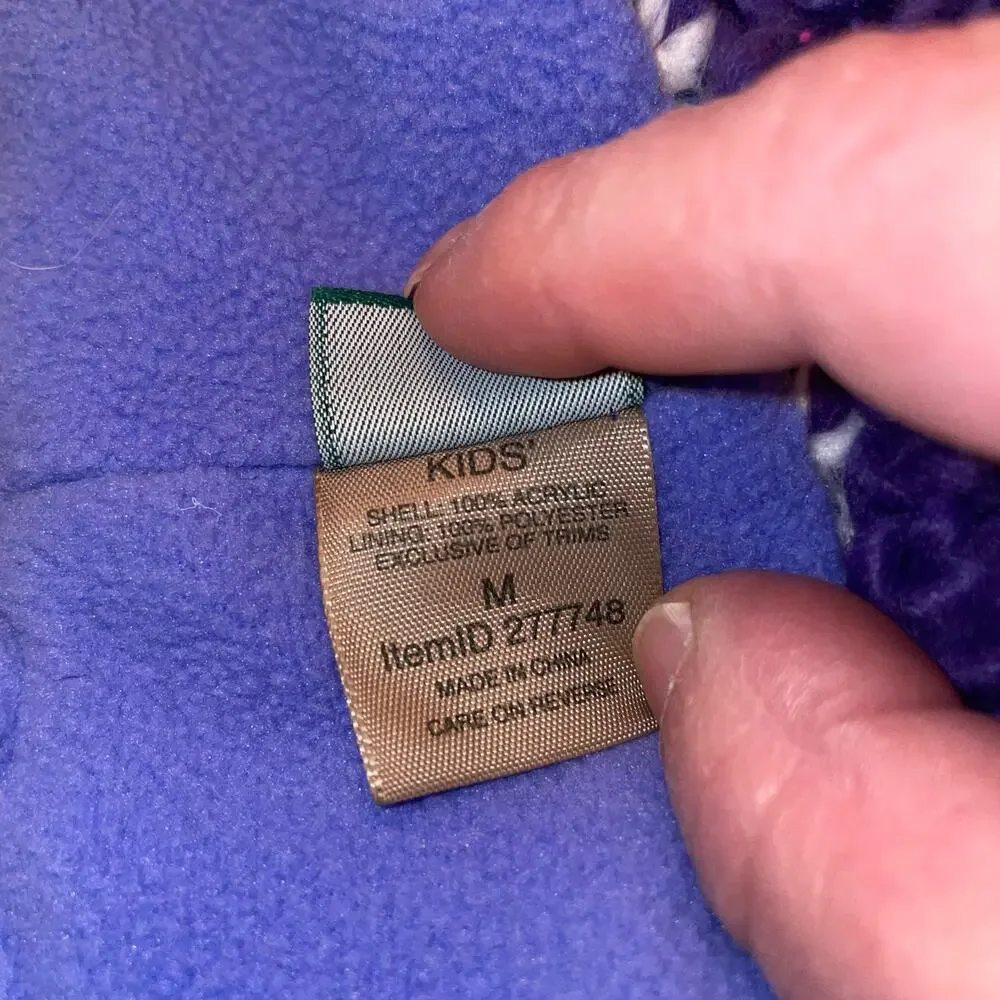 LL Bean Kids Medium Beanie Hat Blue Purple Knit Pom Fleece Lined Winter Ski Cap